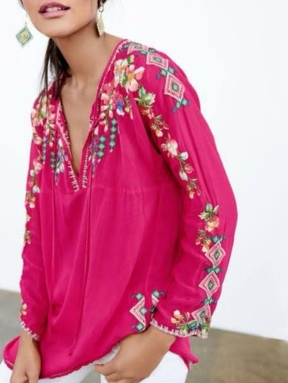Johnny Was Vanessa Top Embroidered Boho Floral Red Cupro Rayon 1X
